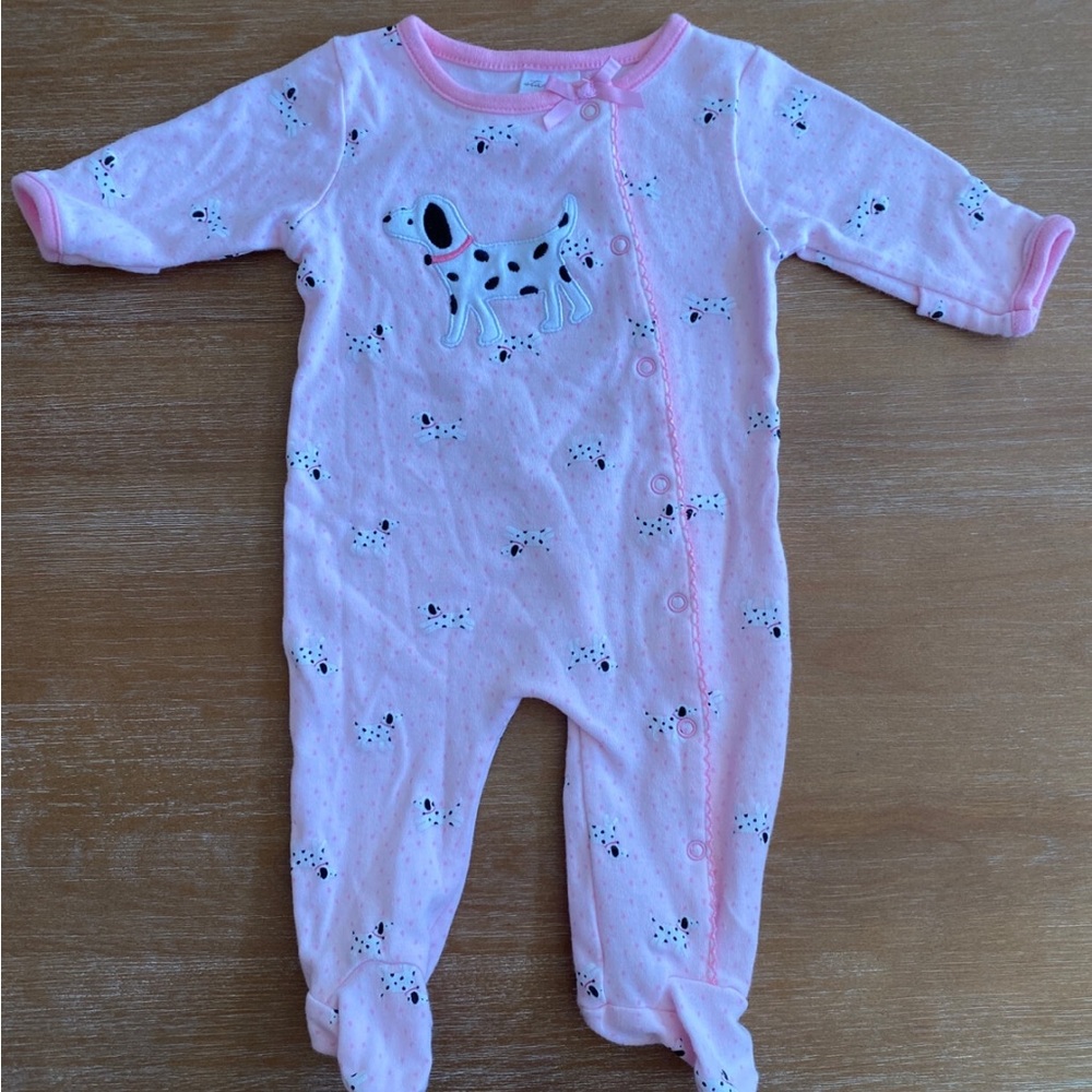 Pink Dalmatian puppy dog button sleep and play footed pajama size newborn